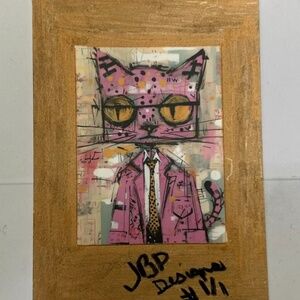 ACEO, “STUDIOUS CAT” 2.5x3.5. ART Painting, mxd media, Embellished & Signed